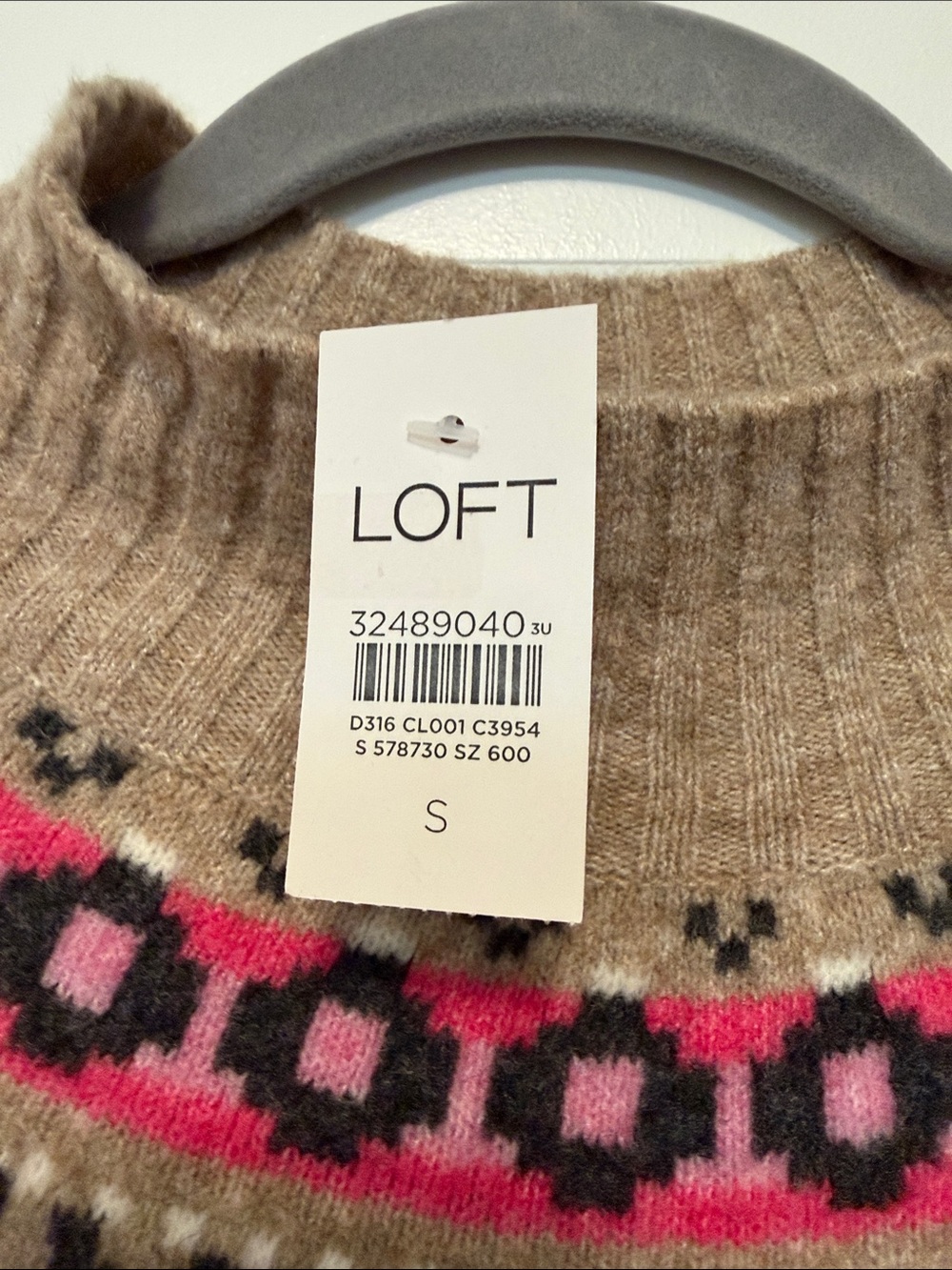 LOFT Tan Sweater Dress with Pink and Black Fair Isle Yoke - Picture 2 of 4